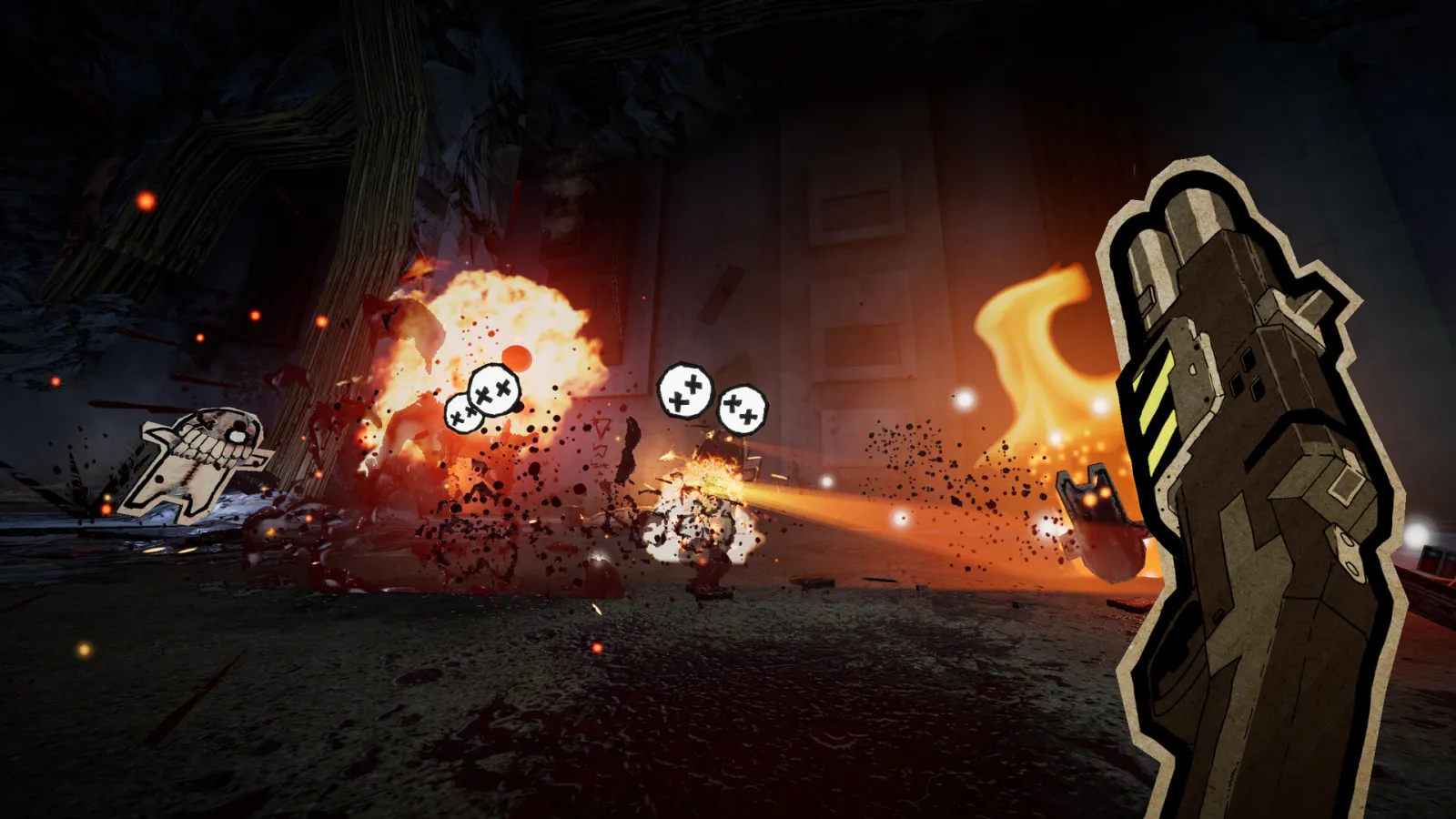 Steam screenshot of PAPERHEAD shotgun combat in a cardboard facility