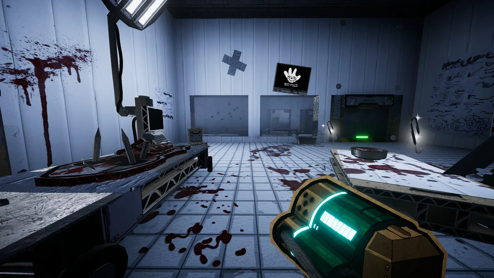 Steam screenshot of BIO-HOLD lab scene with fluorescent green weapon